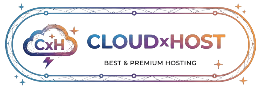 CLOUDxHOST Hosting company logo with stylized SH letters in blue and white colors on transparent background